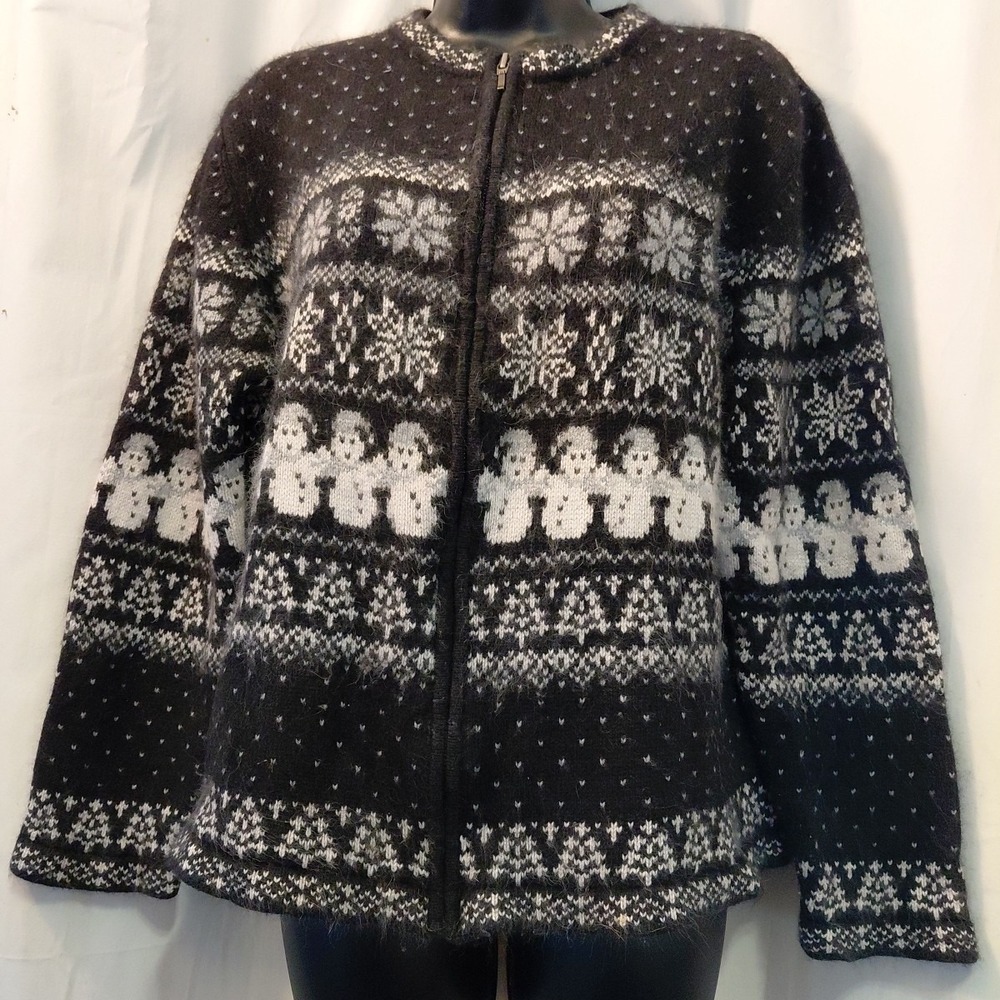 Vtg Silk‎ & Angora Zip Cardigan Sweater Jacket Womens Nordic Fair Isle Snowmen